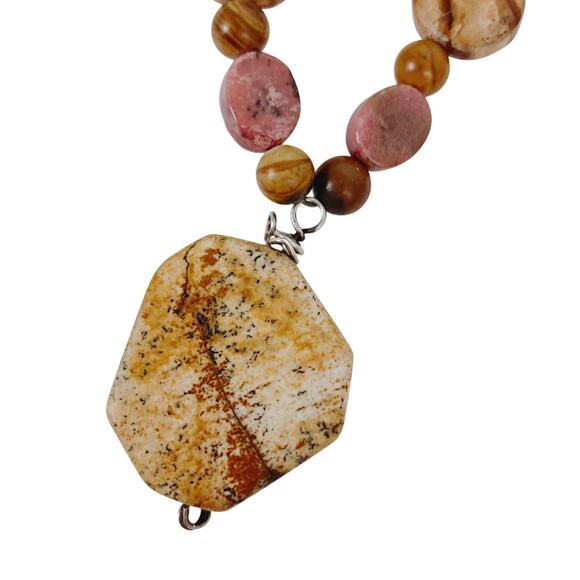 VTG Gemstone Rhodonite Picture Jasper Boho Artisan Necklace Statement Pendant - Picture 3 of 15